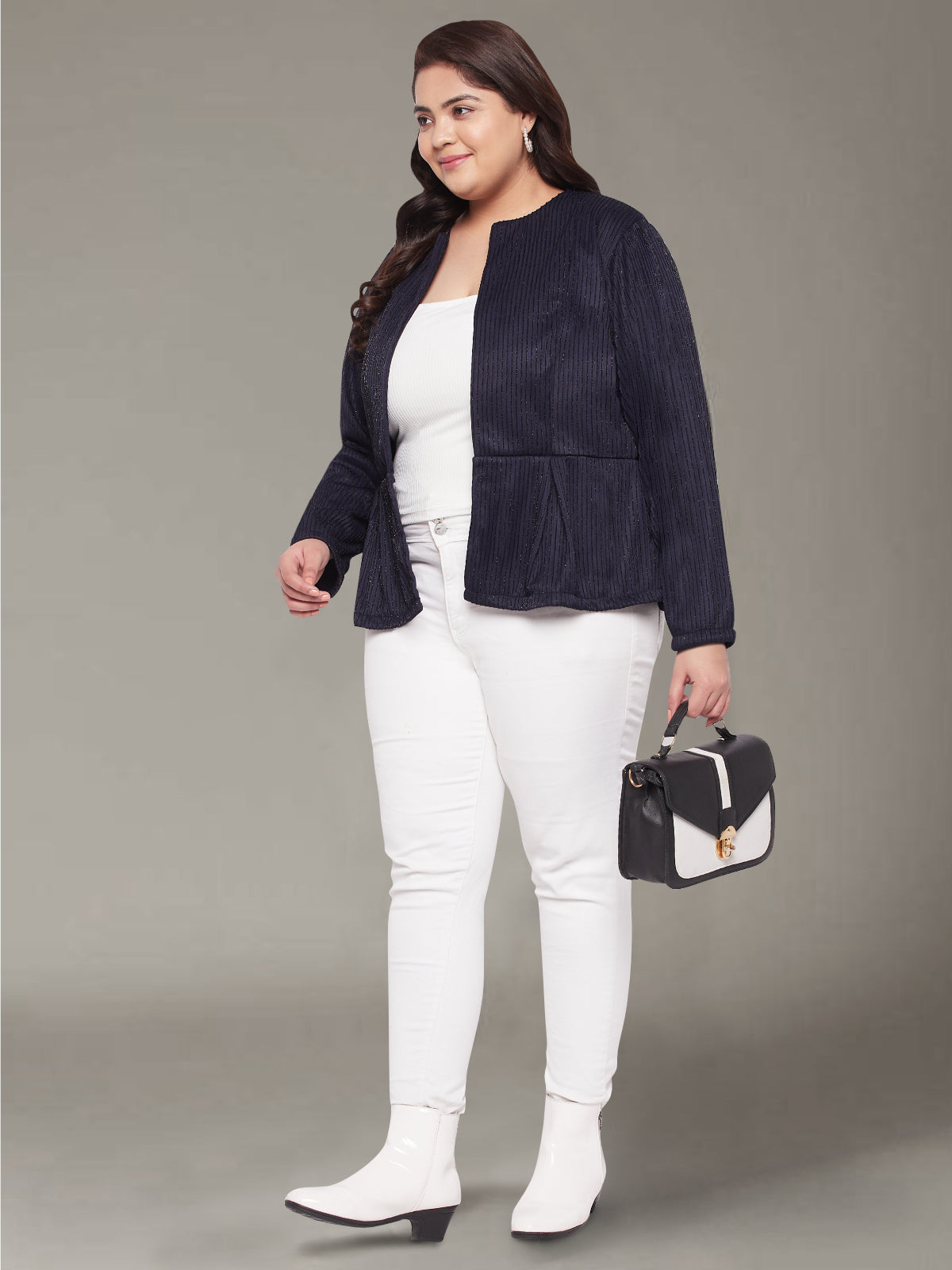 Navy Blue Plus Size Shimmer Front Open Blazer