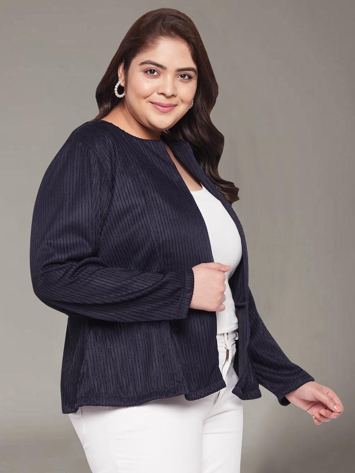 Navy Blue Plus Size Shimmer Front Open Blazer