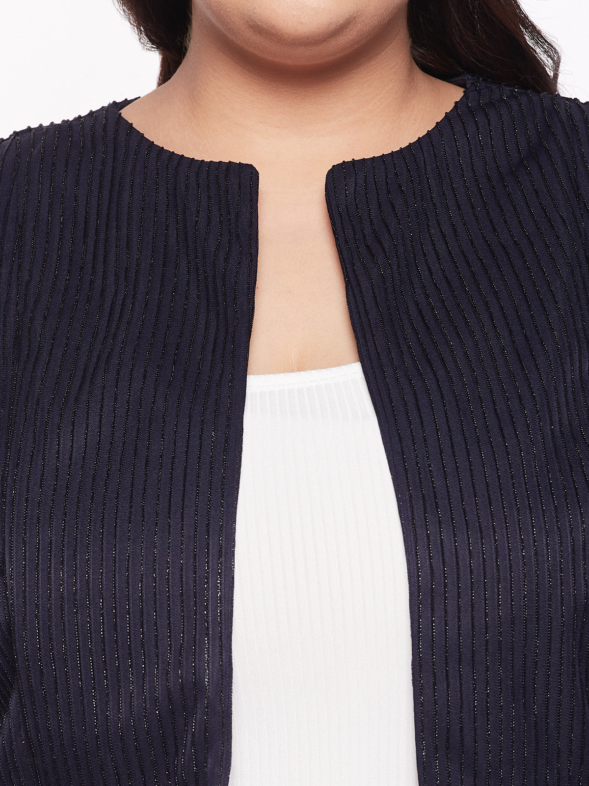 Navy Blue Plus Size Shimmer Front Open Blazer