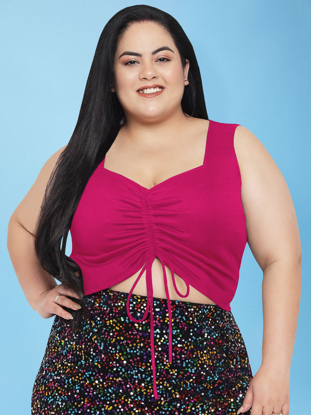 Fuschia Pink Plus Size Drawstring Crop Top