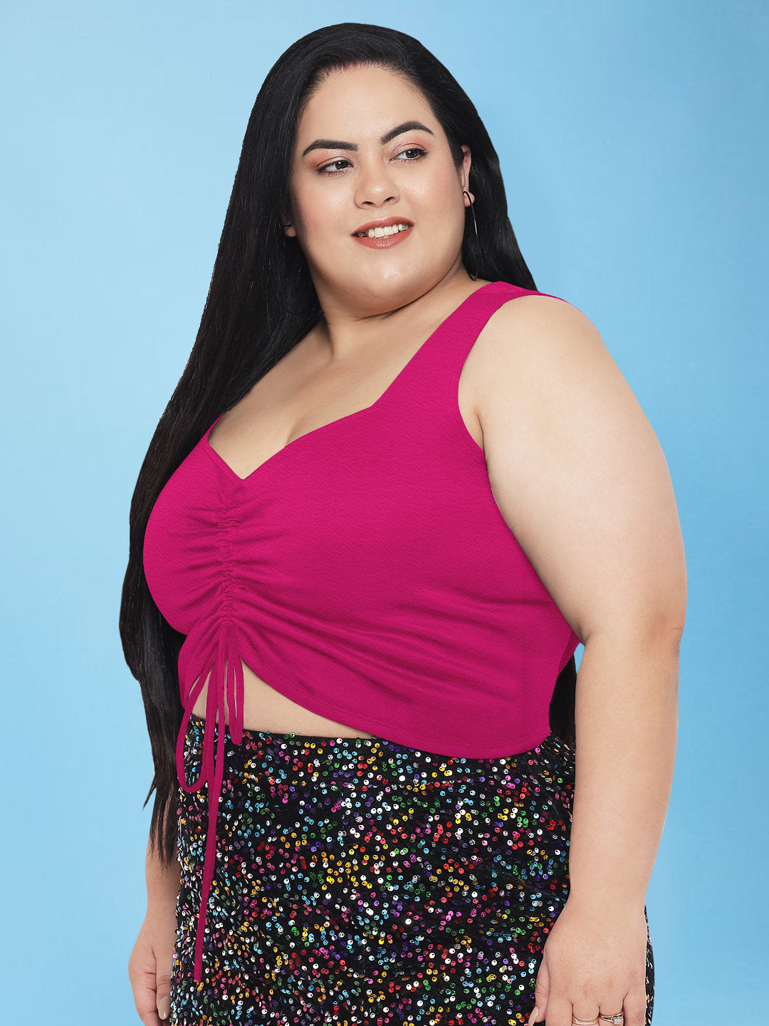 Fuschia Pink Plus Size Drawstring Crop Top