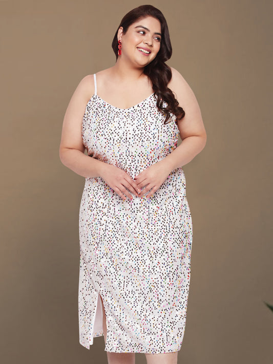 White Plus Size Multi Sequin Slit Dress