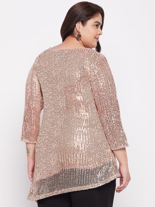 Beige Plus Size Sequin Asymmetric Top