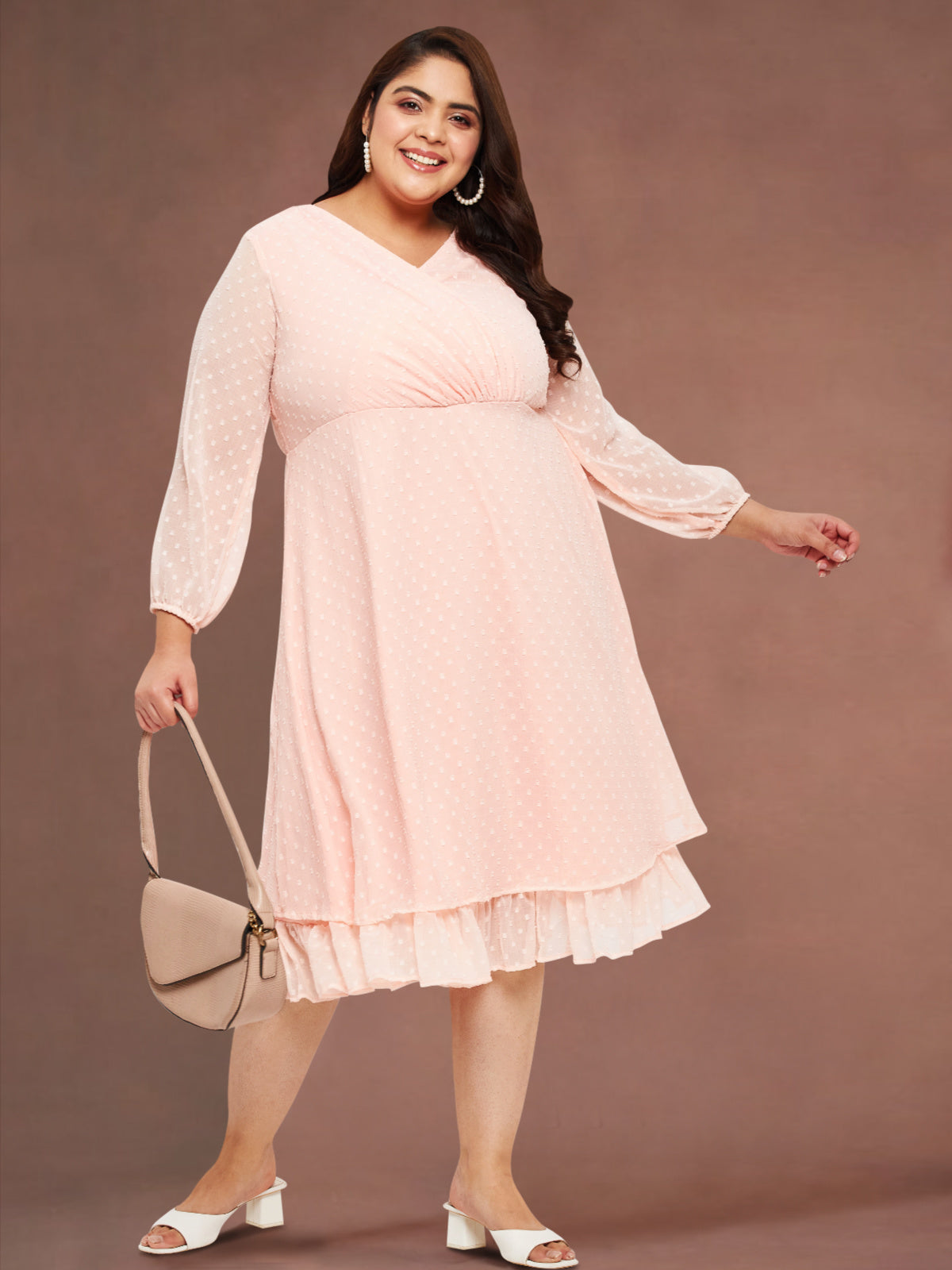 Women Peach Plus Size Dobby Frill Dress
