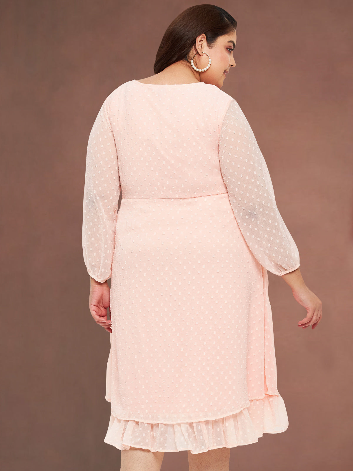 Women Peach Plus Size Dobby Frill Dress