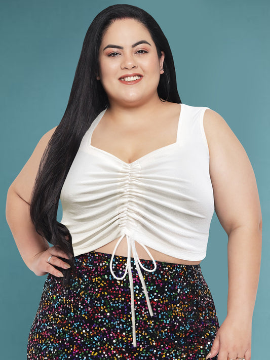 White Plus Size Drawstring Crop Top