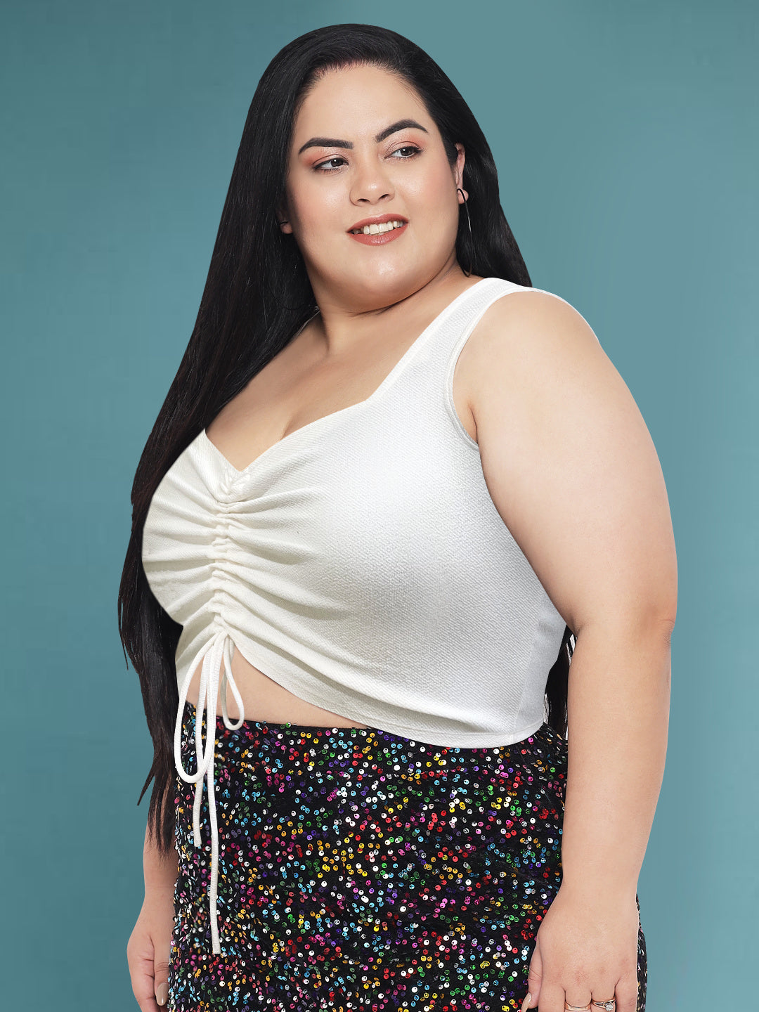 White Plus Size Drawstring Crop Top