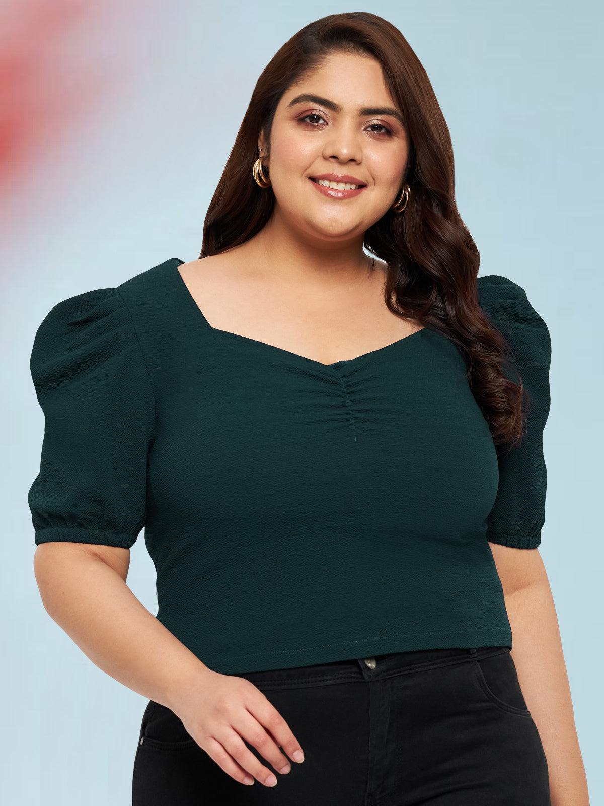 Turquoise Green Plus Size Puff Sleeve Top