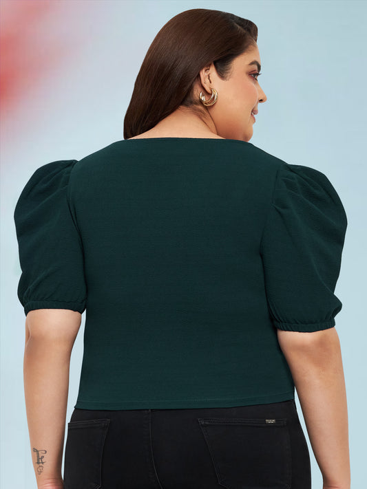Turquoise Green Plus Size Puff Sleeve Top