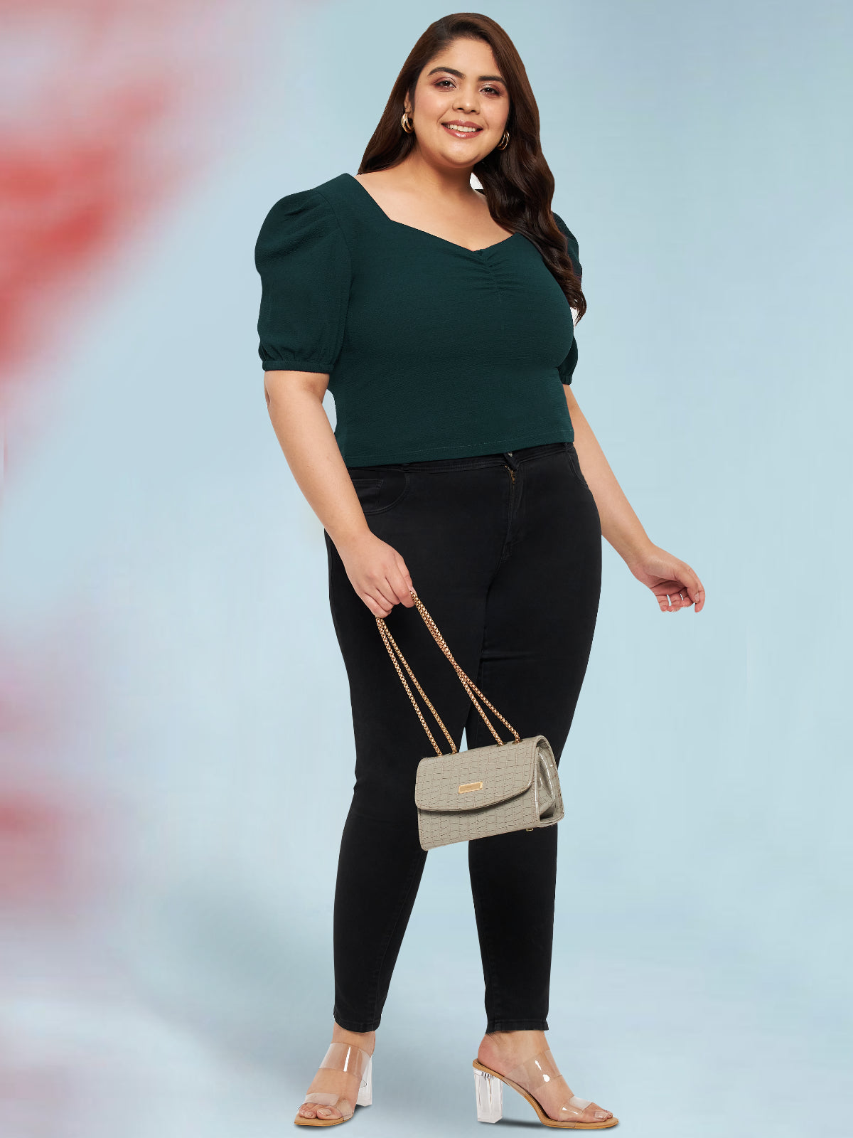 Turquoise Green Plus Size Puff Sleeve Top