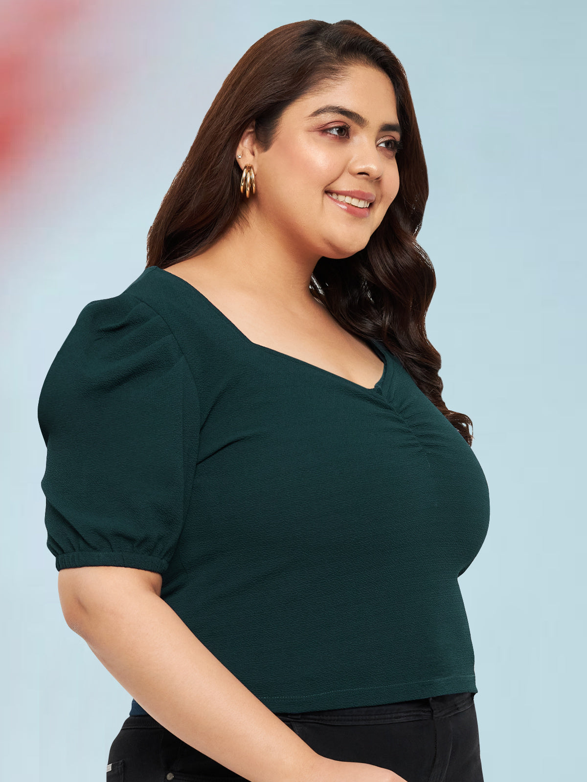Turquoise Green Plus Size Puff Sleeve Top