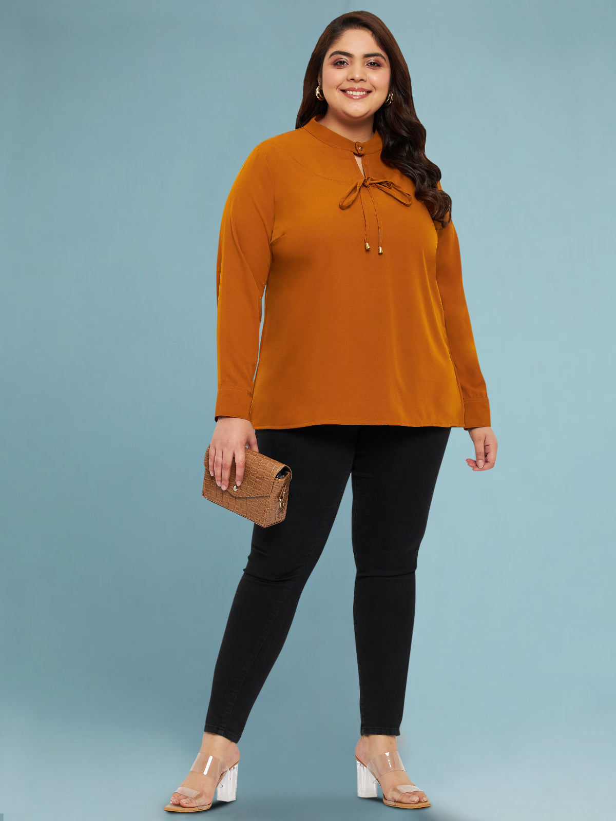 Brown Plus Size Keyhole Knotting Top