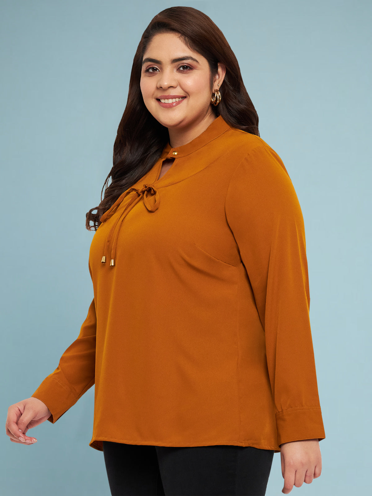 Brown Plus Size Keyhole Knotting Top