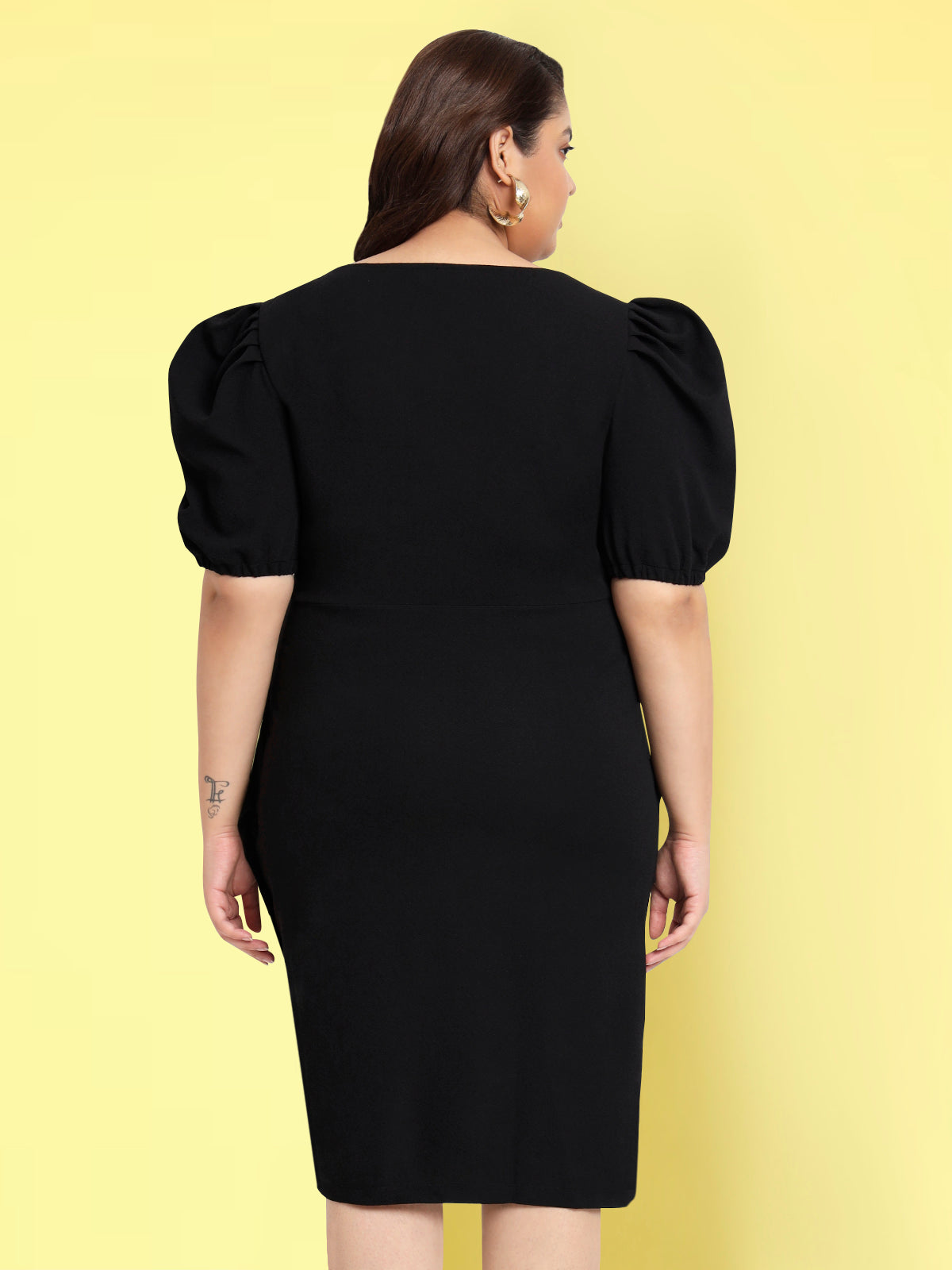 Women Black Plus Size Puff Sleeve Wrap Dress