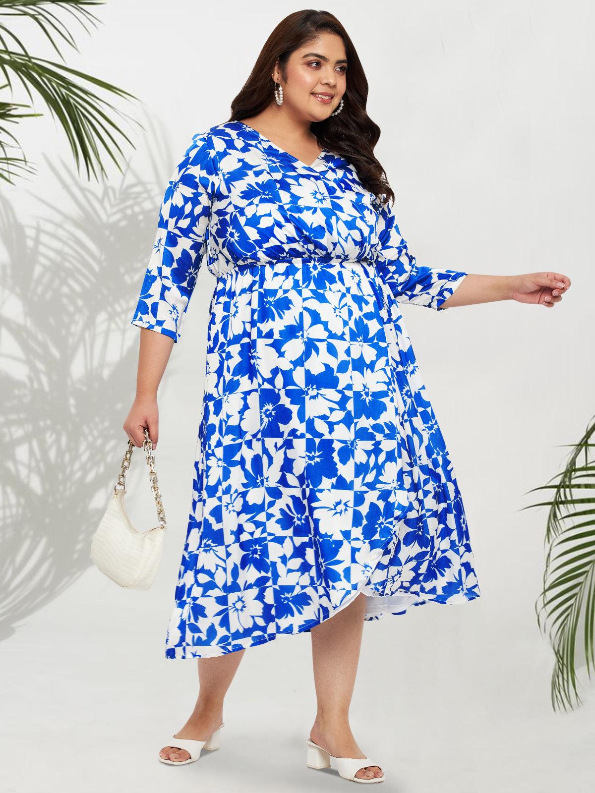 Plus Size Blue White Floral Wrap Midi Dress