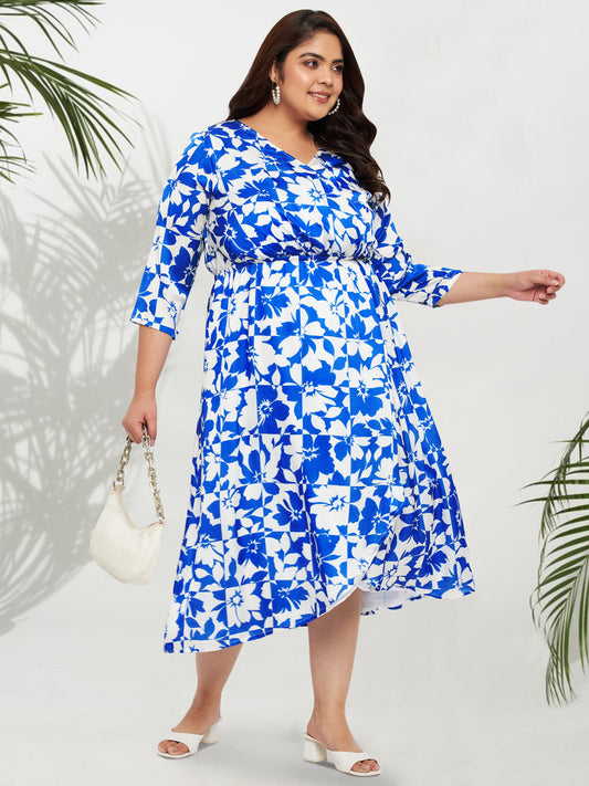 Plus Size Blue White Floral Wrap Midi Dress