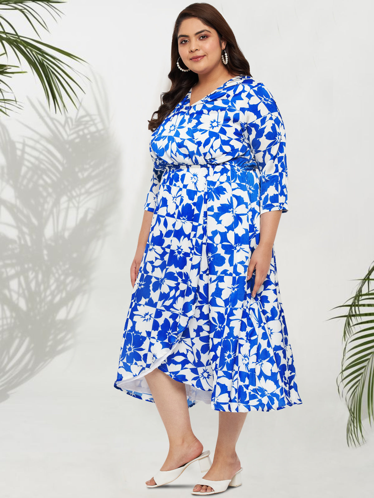 Plus Size Blue White Floral Wrap Midi Dress