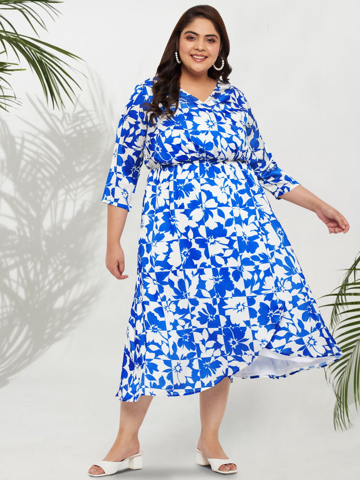 Plus Size Blue White Floral Wrap Midi Dress