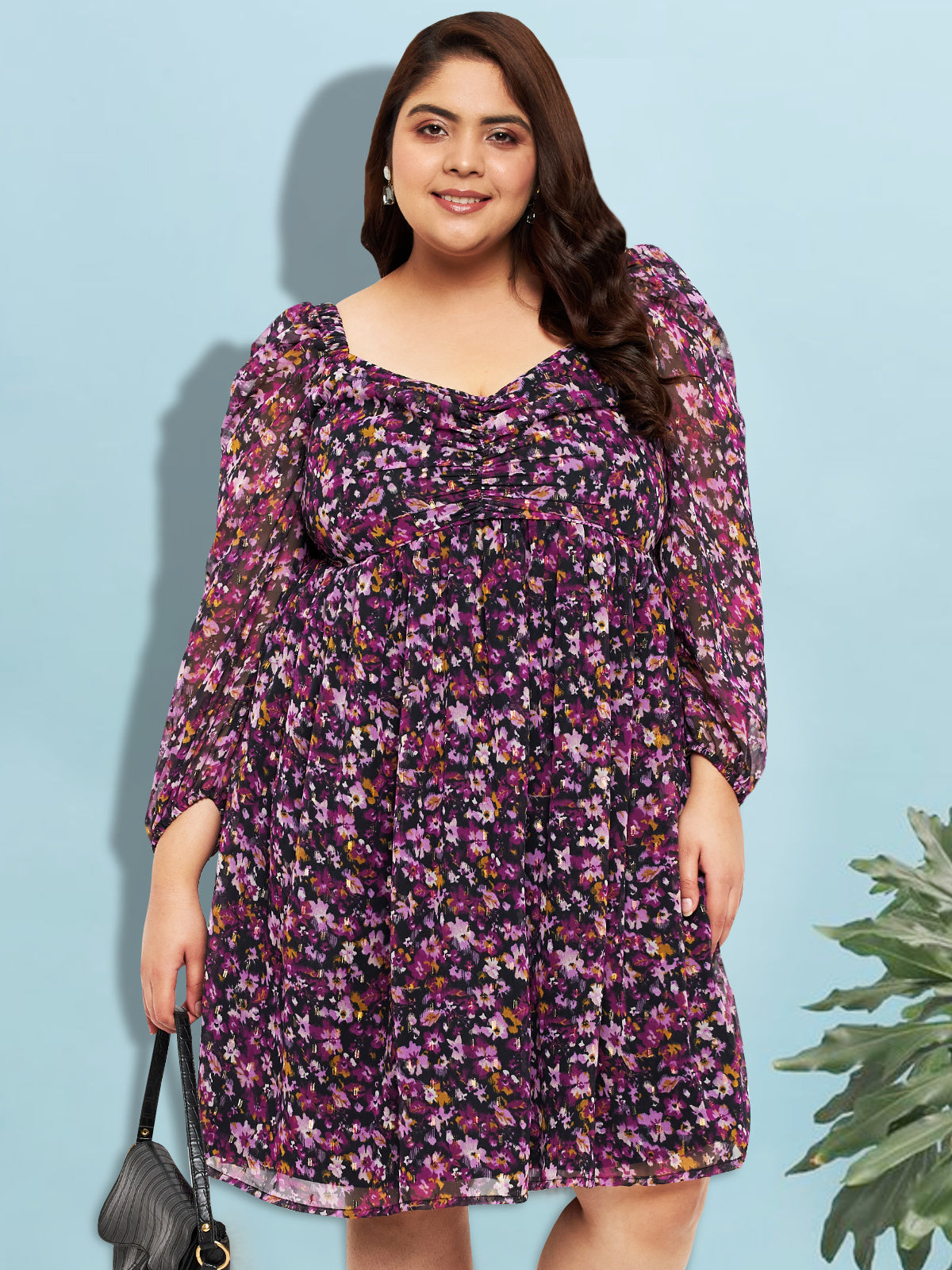 Women Black Purple Plus Size Ruched Dress