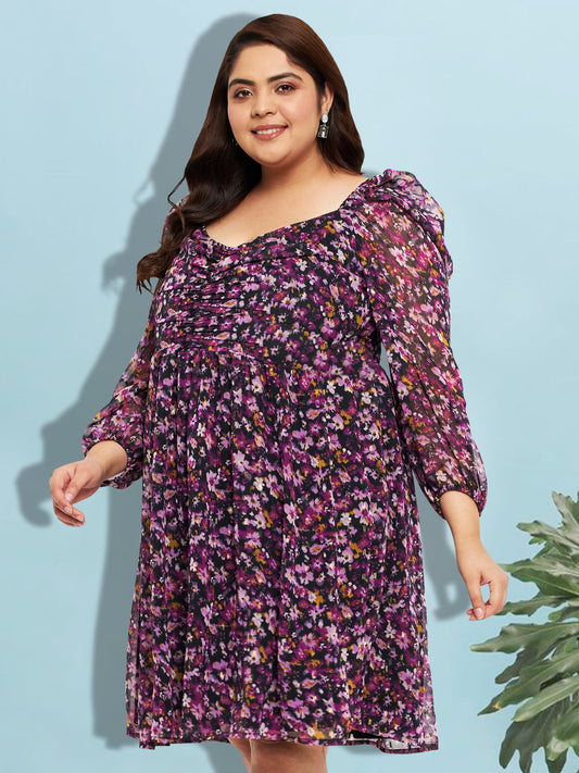 Women Black Purple Plus Size Ruched Dress