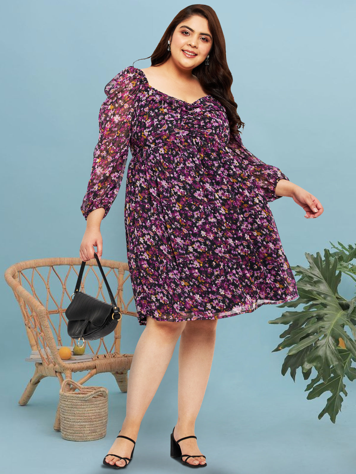 Women Black Purple Plus Size Ruched Dress