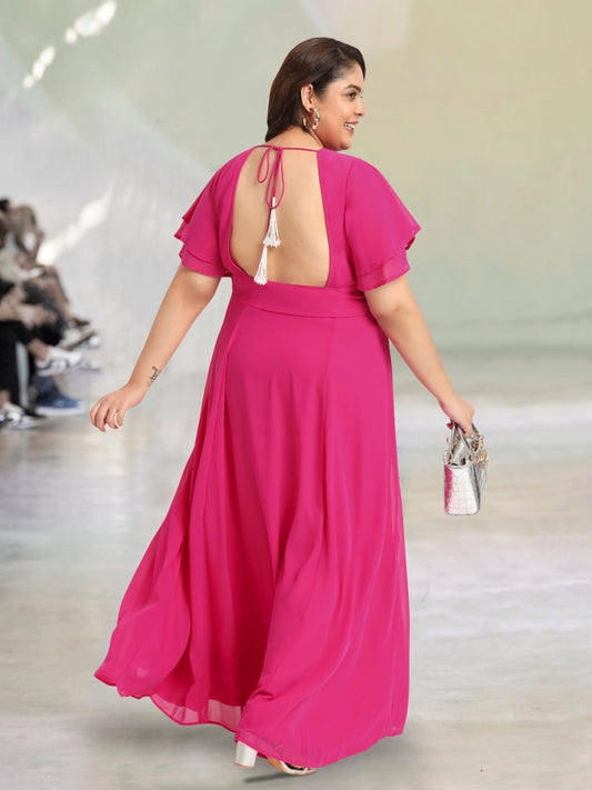 Women Fuchsia Pink Plus Size Styled Back Maxi Dress