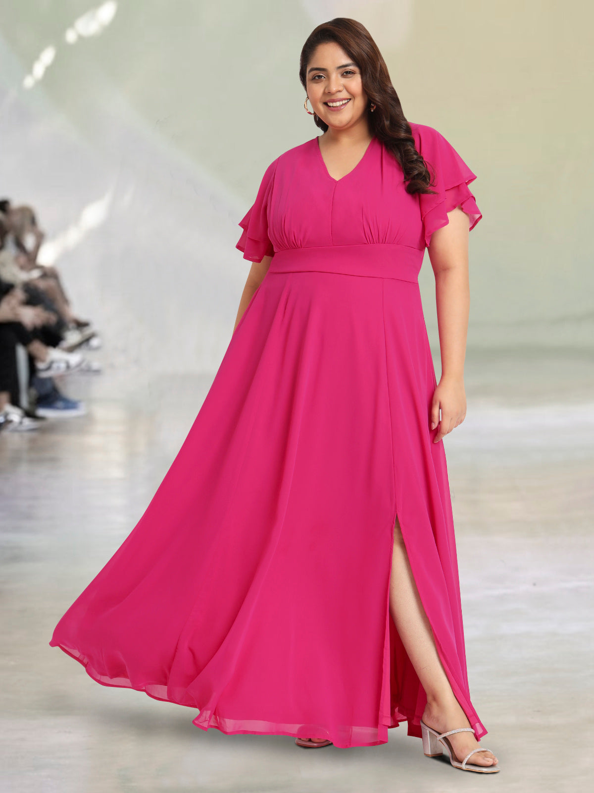 Women Fuchsia Pink Plus Size Styled Back Maxi Dress