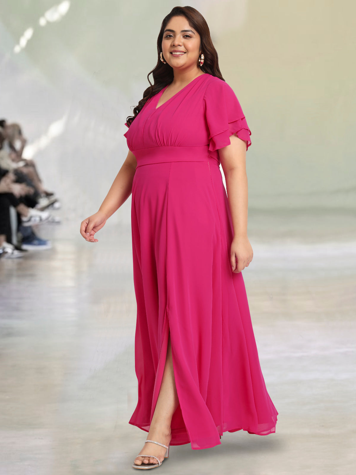 Women Fuchsia Pink Plus Size Styled Back Maxi Dress