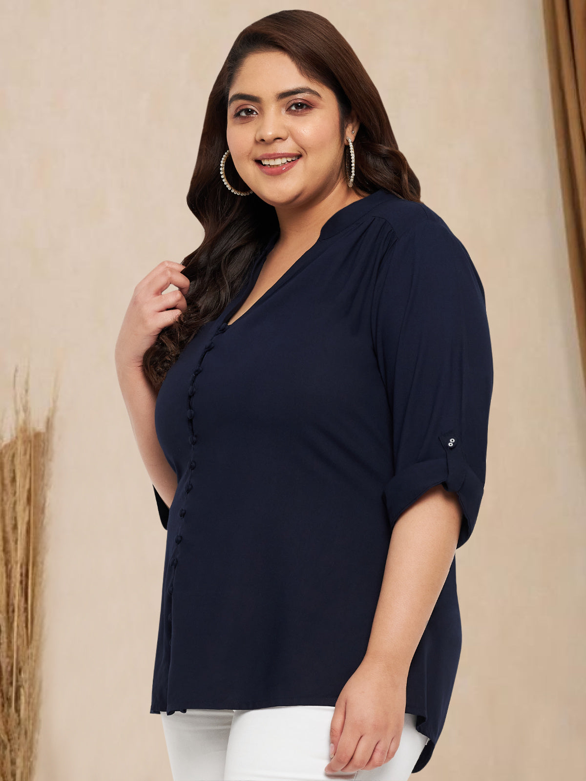 Navy Blue Plus Size Buttoned Tunic Top