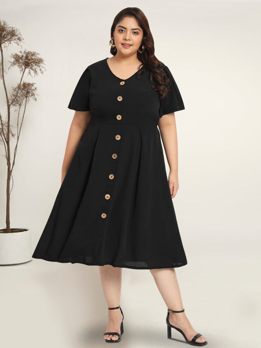 Women Black Plus Size Front Button Dress