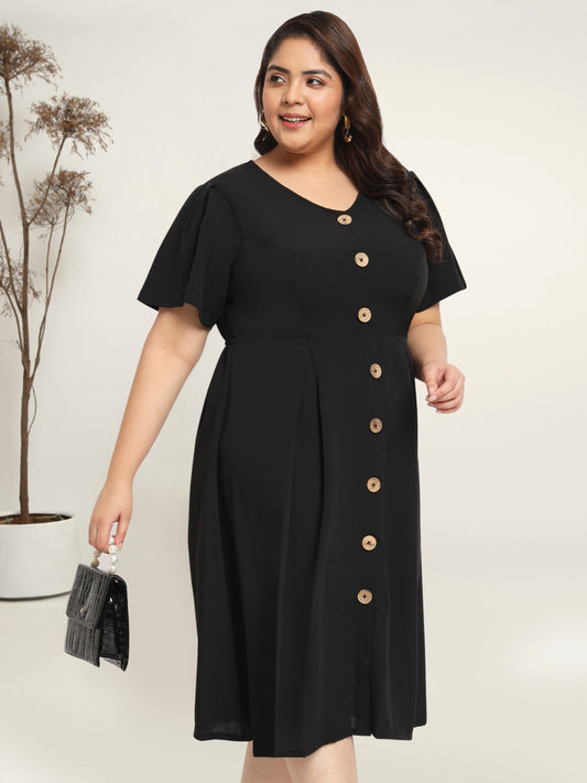 Women Black Plus Size Front Button Dress