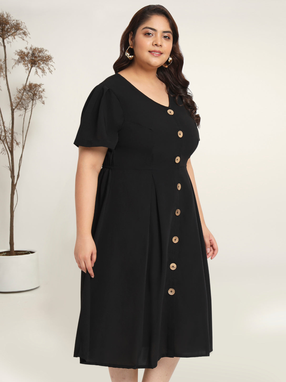 Women Black Plus Size Front Button Dress