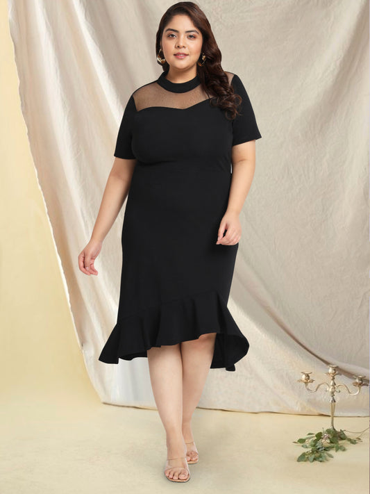 Black Plus Size Net Yoke Bodycon Dress