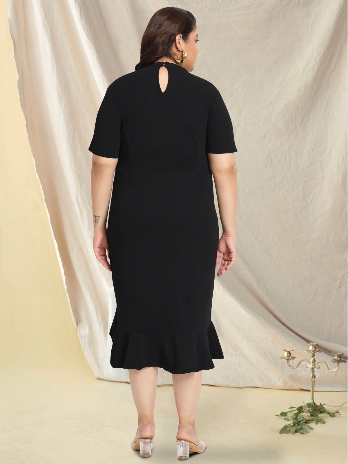 Black Plus Size Net Yoke Bodycon Dress