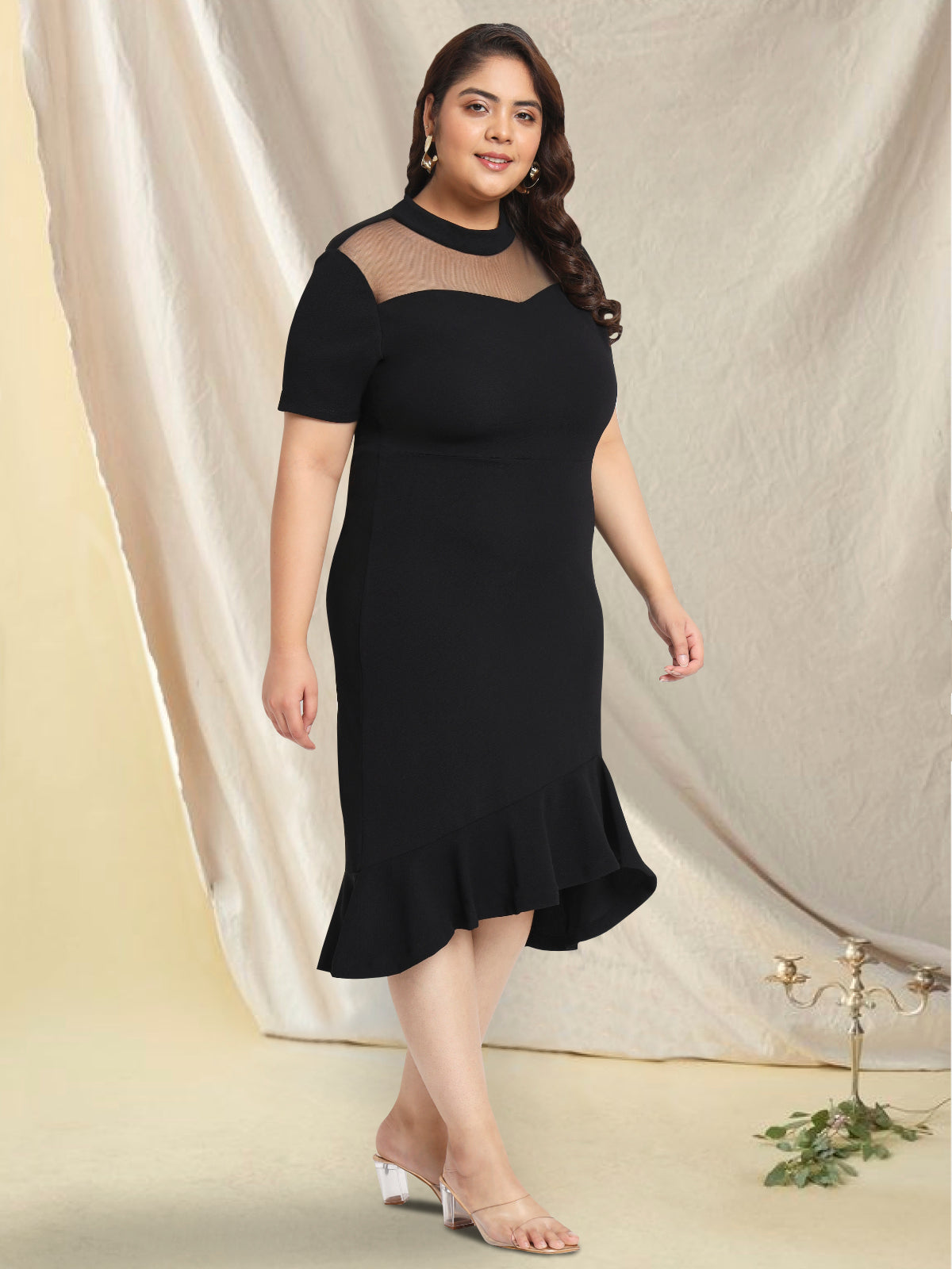 Black Plus Size Net Yoke Bodycon Dress