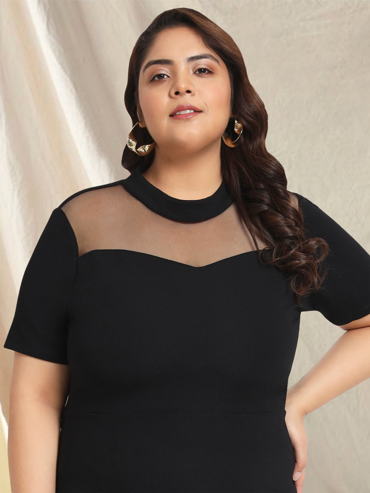 Black Plus Size Net Yoke Bodycon Dress