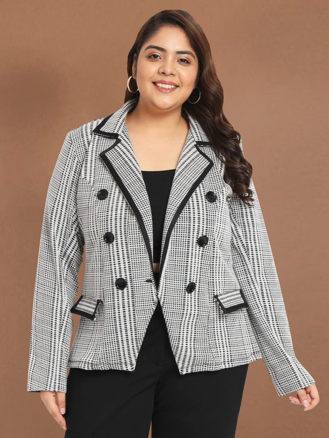 Women White Black Check Plus Size Stretch Blazer