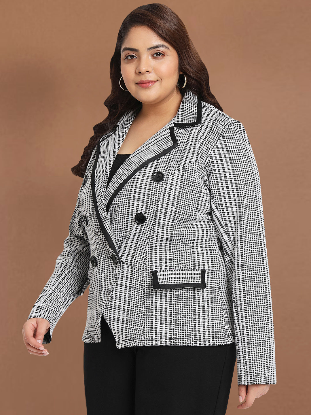 Women White Black Check Plus Size Stretch Blazer