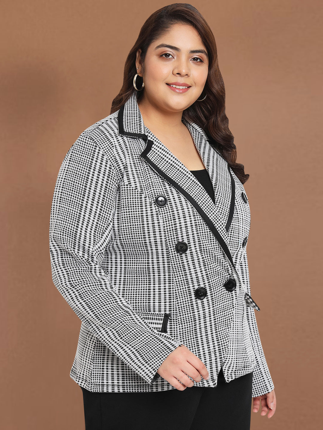Women White Black Check Plus Size Stretch Blazer