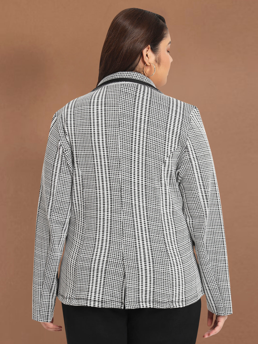 Women White Black Check Plus Size Stretch Blazer