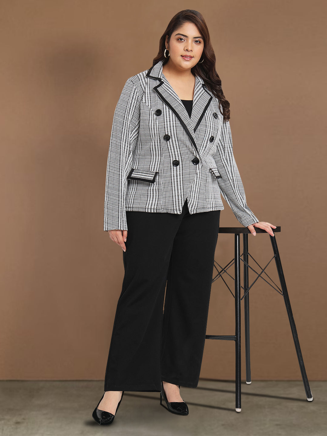 Women White Black Check Plus Size Stretch Blazer