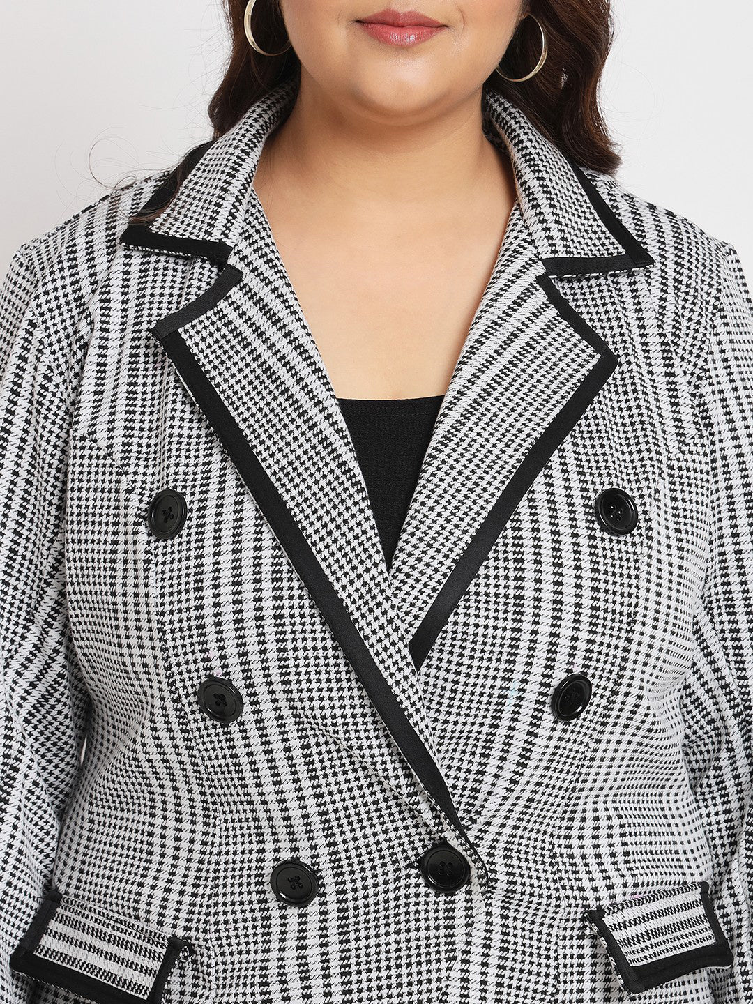 Women White Black Check Plus Size Stretch Blazer