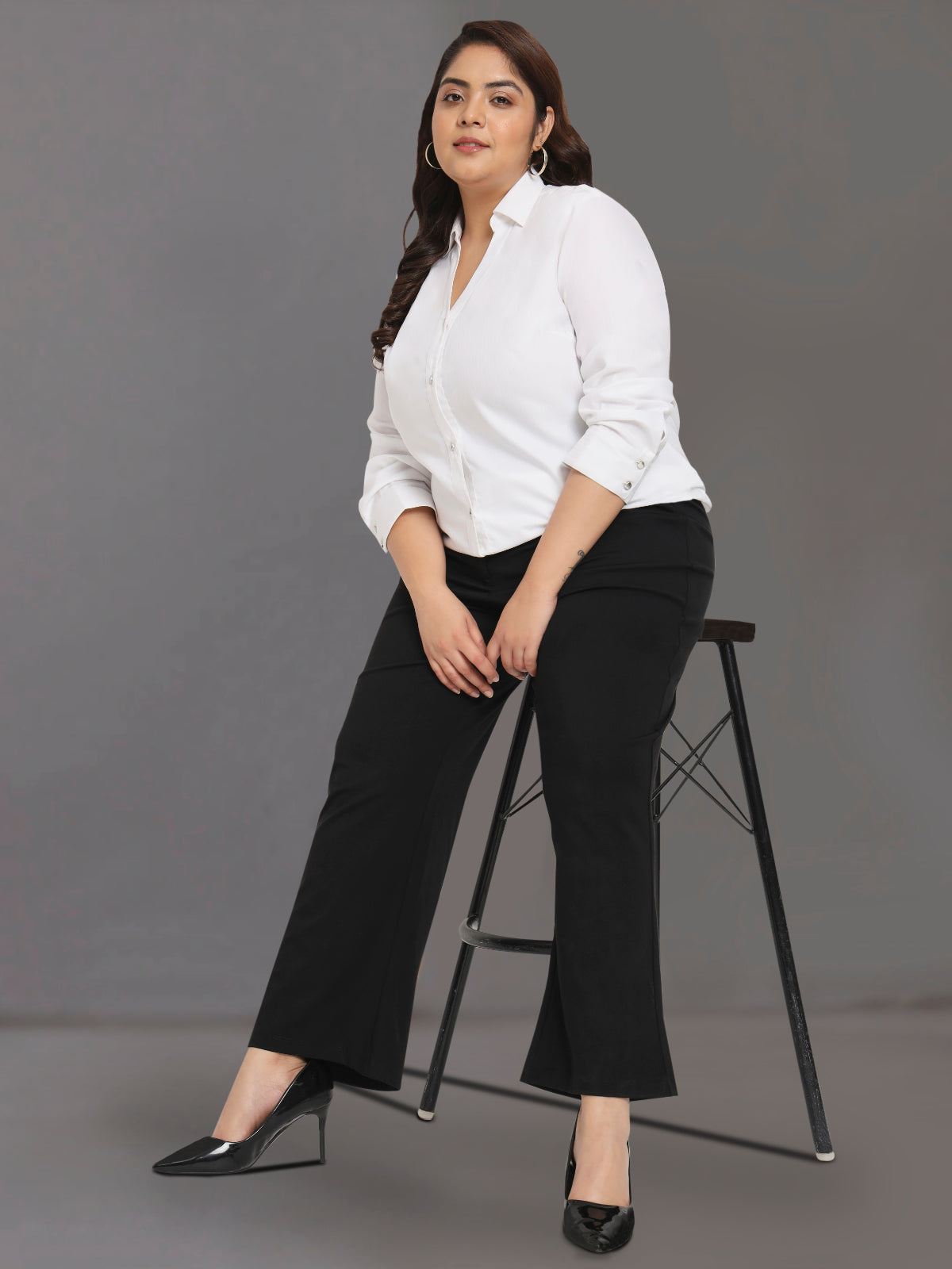 Women Black White Plus Size Buttoned Tunic Top