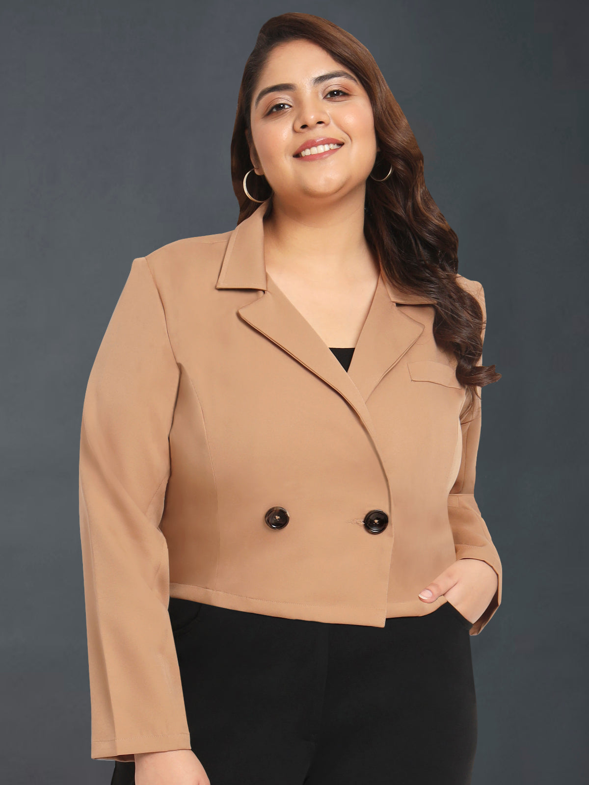 Women Beige Plus Size Crop Blazer