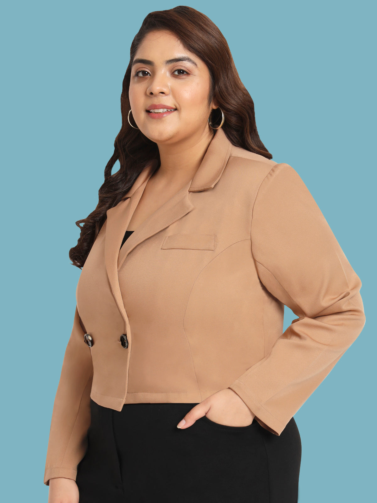 Women Beige Plus Size Crop Blazer