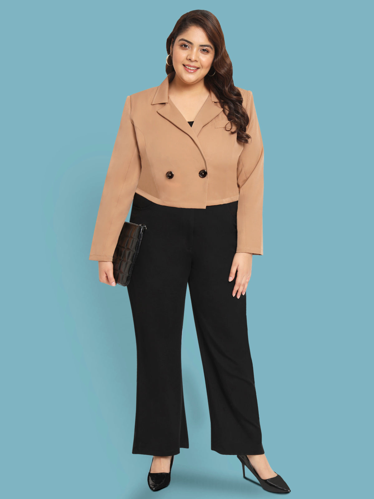 Women Beige Plus Size Crop Blazer