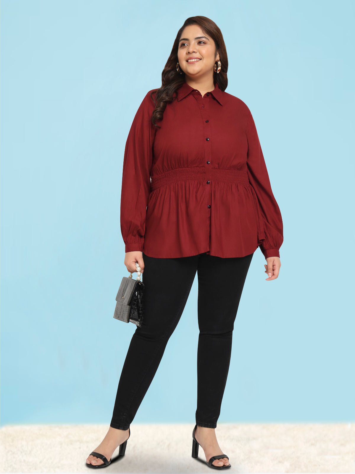 Women Black White Plus Size Buttoned Tunic Top