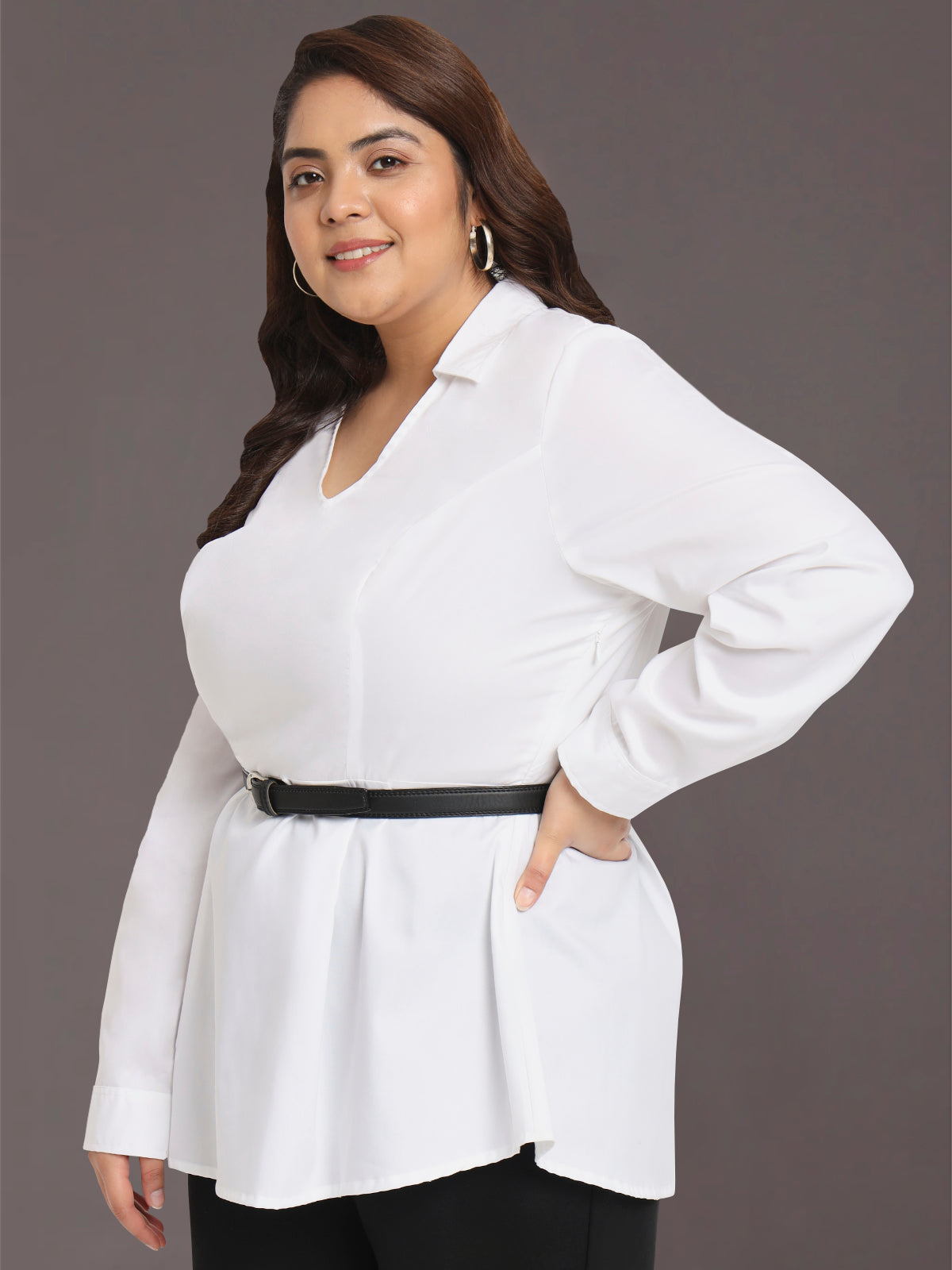Women Black White Plus Size Buttoned Tunic Top