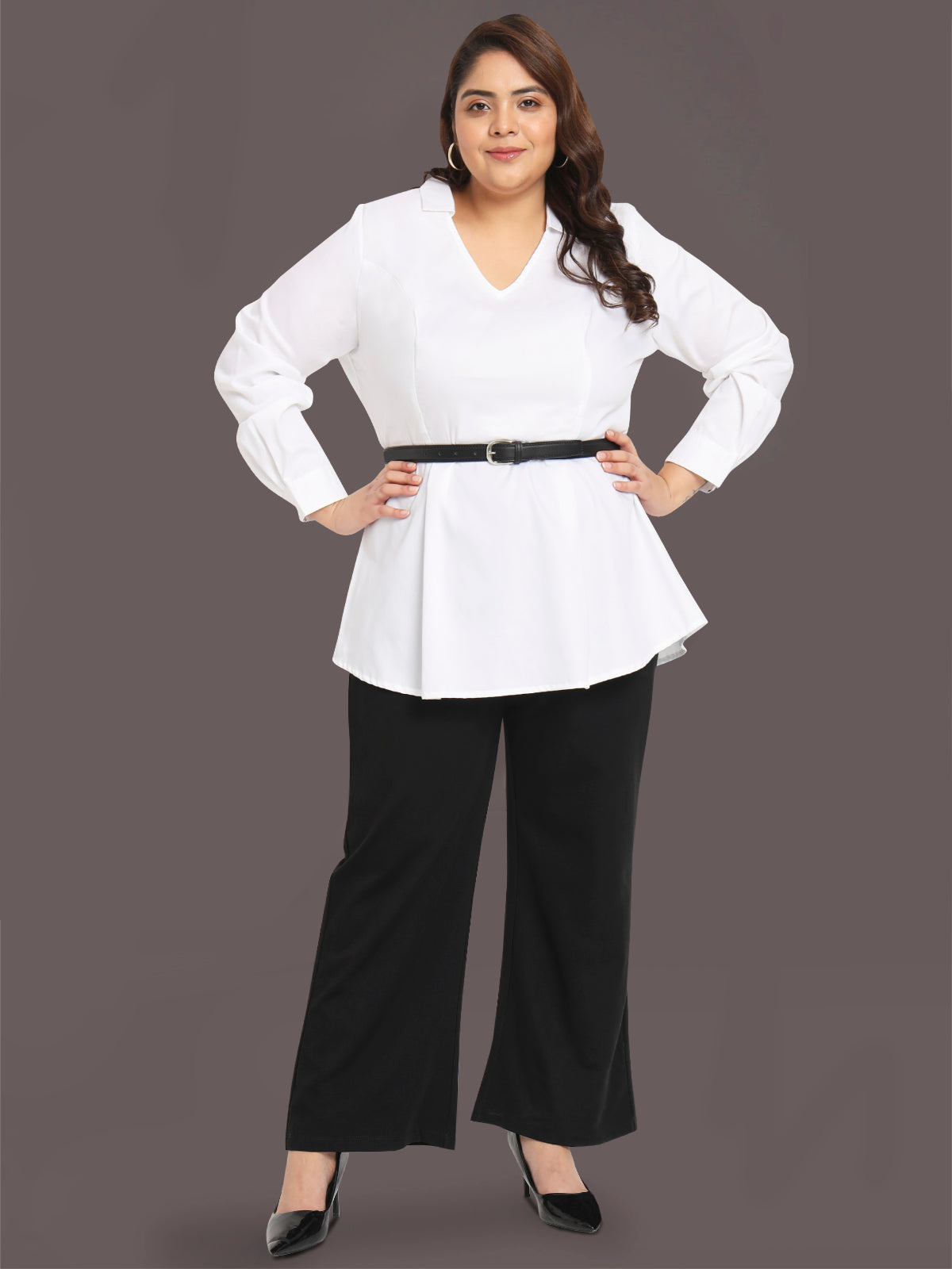 Women Black White Plus Size Buttoned Tunic Top
