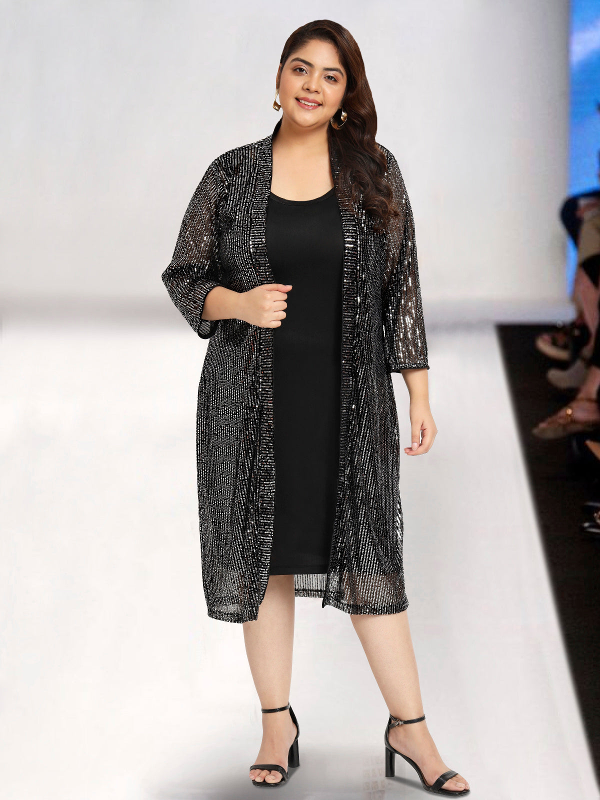 Silver Black Sequin Plus Size Shrug Dress Set